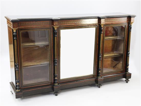 A Victorian ebonised and burrwood side cabinet, W.5ft 11in.